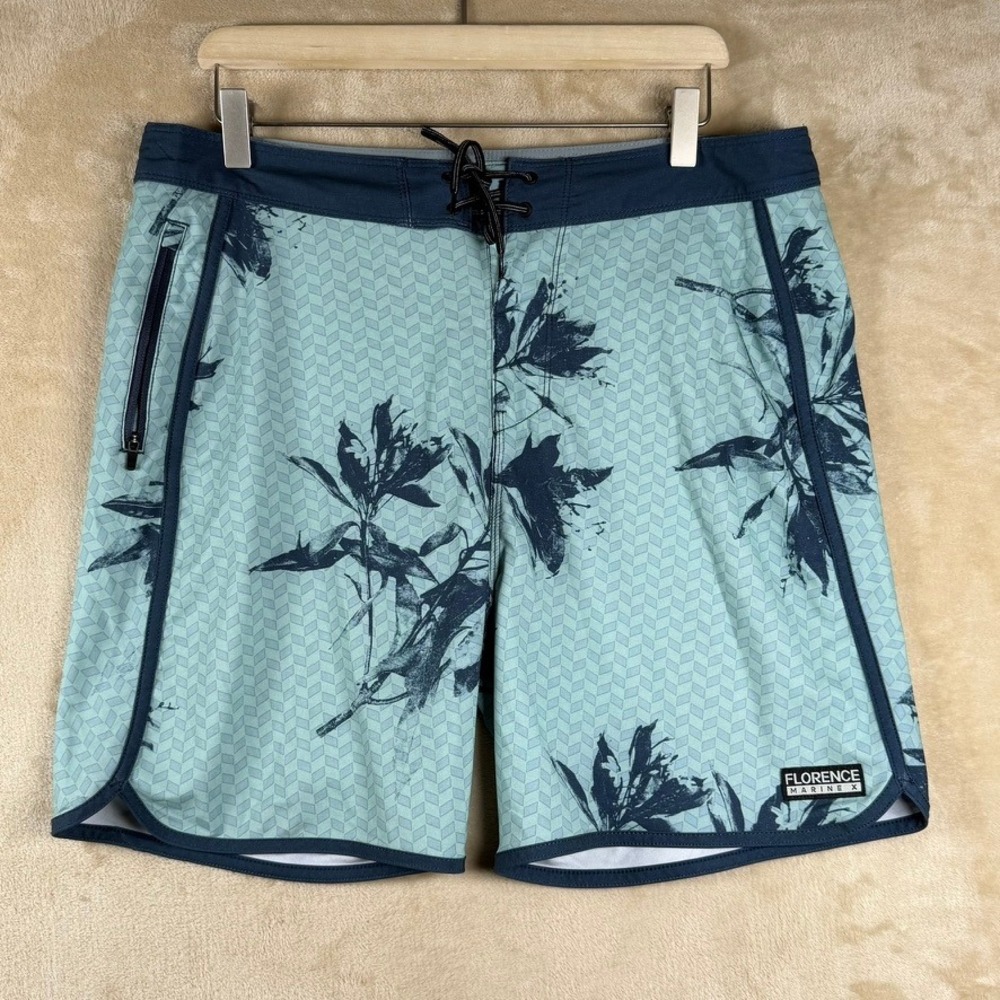 Florence Marine X Mens 33 Board Shorts Blue Floral Geometric Trunks Surf Beach